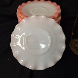 Set of 12 Vintage 1950s Hazel Atlas Milk Glass Saucers Peach Luster Ruffled Edge